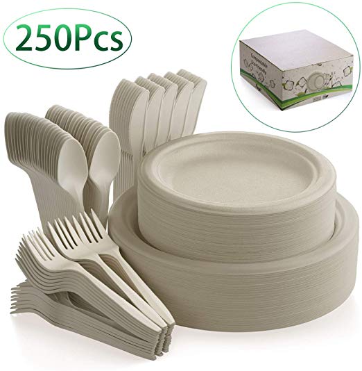 Fuyit 250Pcs Disposable Dinnerware Set, Compostable Sugarcane Cutlery Eco-Friendly Tableware Includes Biodegradable Paper Plates, Forks, Knives and Spoons Combo for Party, Camping, Picnic（Natural）