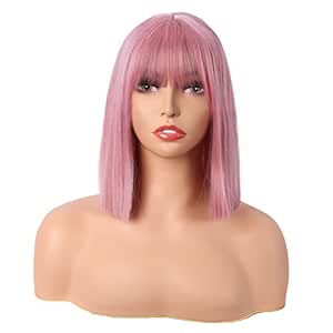 MapofBeauty 12 Inch/30 cm Straight Bob Flat Bangs Short Colorful Synthetic Hair Cosplay Party Wig (Rouge Pink)