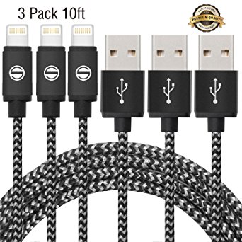 iPhone Cable SGIN,3Pack 10FT Nylon Braided Cord Lightning to USB iPhone Charging Charger for iPhone 7,7 Plus,6S,6 Plus,SE,5S,5,iPad,iPod Nano 7(Black White)