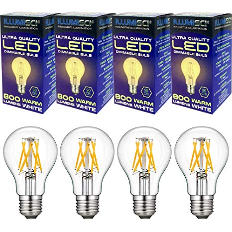 Premium Quality LED Filament Light Bulb, 4 Pack, Energy Saving, A19 Bulb with E26 Standard Base, 8 Watts, 800 Lumen, 90CRI, Clear Glass, 2450K Warm White, Dimmable