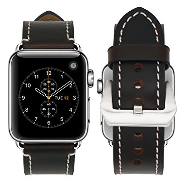 Hailan Band for Apple Watch Band Series 1 Series 2 Series 3,Retro Genuine Leather Wrist Strap Replacment Band with Large Classic Stainless Steel Buckle Clasp for iwatch,38mm,Coffee