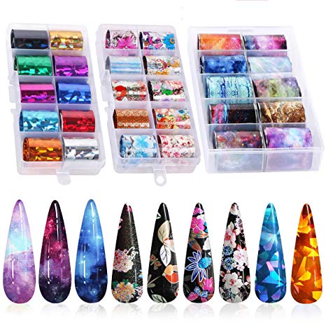 30 Color Nail Foil Transfer Sticker, Kissbuty Holographic Flower Nail Art Stickers Tips Wraps Foil Transfer Adhesive Glitters Acrylic DIY Nail Decoration, 3 Boxes (Flowers Glitters Starry Sky)