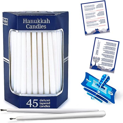 Aviv Judaica Premium Dripless Hanukkah Candle Bundle of 45 Solid White Tapered Candles for Standard Chanukah Menorahs Birthday Party Celebration Candles for 8 Nights of Hanukah W/DIY Dreidel, Prayer