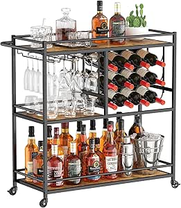 Lifewit Drink Trolley, 3 Tier Bar Cart with Lockable Wheels, 12 Wine Rack and 3 Rows Glass Holders, Kitchen Serving Cocktail Alcohol Trolley for Dining Livingroom, 80.2 x 33.2 x 86 cm, Rustic Brown