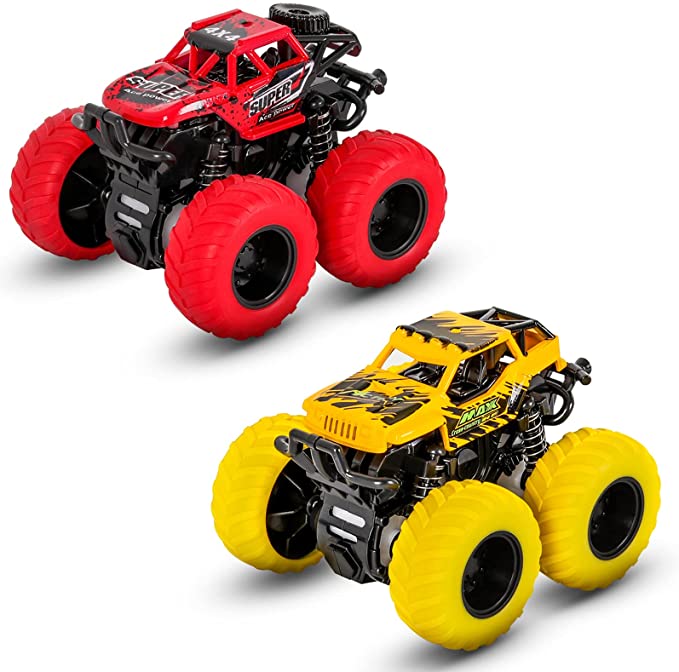 Kids Inertia Car，2 PCS Monster Inertia Truck 360 Rotation Friction Powered Off-road Vehicles Pull back car Educational Cars Xmas Birthday Gifts for Boys Girls ( 1 Yellow，1 Red )