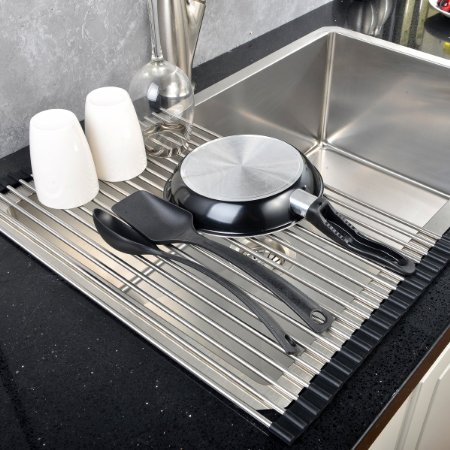 Best Commercial Large Over the Sink Multipurpose Brushed Nickel Stainless Steel Kitchen Countertop Roll Up Dish Drying Rack Black