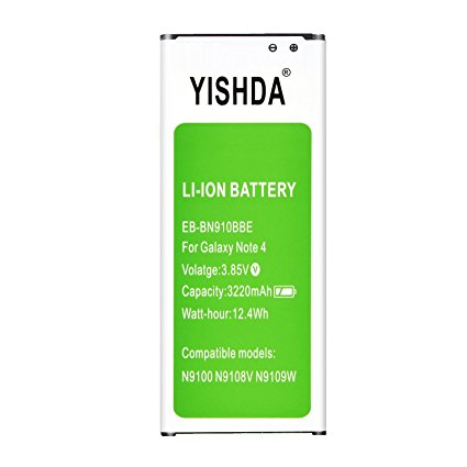 Galaxy Note 4 Battery, YISHDA 3220 mAh Replacement Battery for Samsung Galaxy Note 4 N910 N910U N910V N910T N910A N910P | Note 4 Spare Battery – Green [18 Month Warranty]
