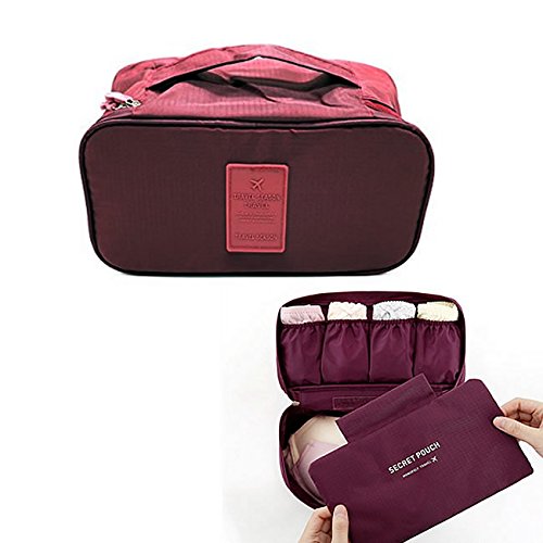 IDS Portable Travel Bra Underwear Organizer Storage Bag, Multi-function Makeup Cosmetic Bag Toiletry Travel Kit Organizer, Wine Red