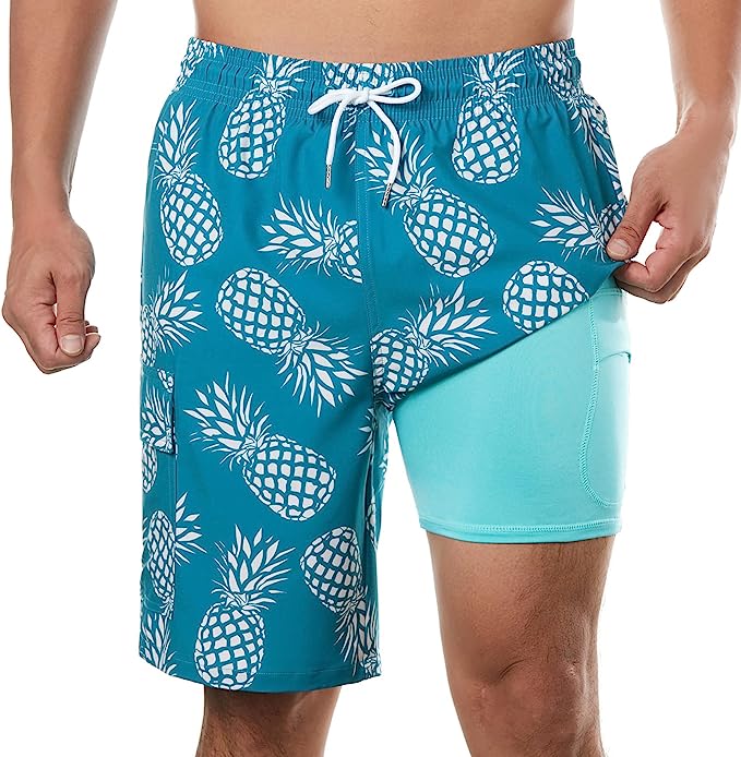 BRISIRA Mens Swim Trunks Swim Shorts with Compression Liner 9 inch Inseam Quick Dry Cargo Pocket Swimsuit Bathing Suits