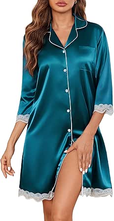 Ekouaer Silk Nightgowns for Women Satin Nightshirt Button Down Sleepshirt 3/4 Sleeve Sleepwear V Neck Sleep Dress