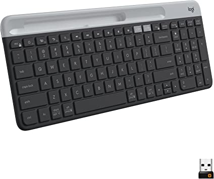 Logitech K585 Multi-Device Slim Wireless Keyboard, Built-in Cradle for Device; for Laptop, Tablet, Desktop, Smartphone, Win/Mac, Bluetooth/Receiver, Compact, Easy Switch, 24 Month Battery - Graphite