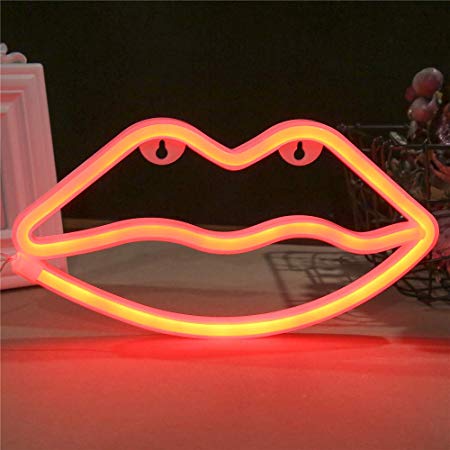 Qunlight Neon Night Light Lip Shaped with Red Lamp USB & Battery Powered Hanging Wedding Sign, Novelty Wall Decor,Birthday Party,Kids Room, Living Room,Bedroom,or Bar(Red Lip)