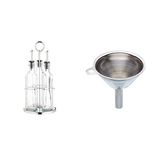 KitchenCraft World of Flavours Oil and Vinegar Bottle Set, Glass, Pack of 3 Oil Drizzler Bottles and Caddy & Stainless Steel Mini Kitchen/Hip Flask Funnel, 5.5 cm (2")
