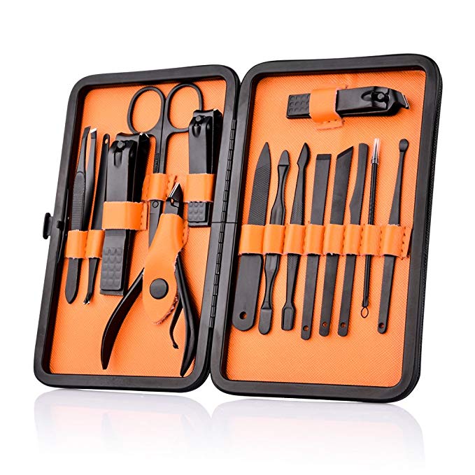 15 in 1 Manicure Pedicure Set Nail Clippers - HailiCare Steel Fingernail & Toenail Clippers Stainless Professional Pedicure Kit Nail Scissors Grooming Kit with Black Leather Travel Case (Orange Black)