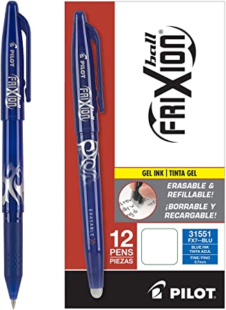 PILOT FriXion Ball Erasable & Refillable Gel Ink Stick Pens, Fine Point, Blue Ink, 12 Count (31551)
