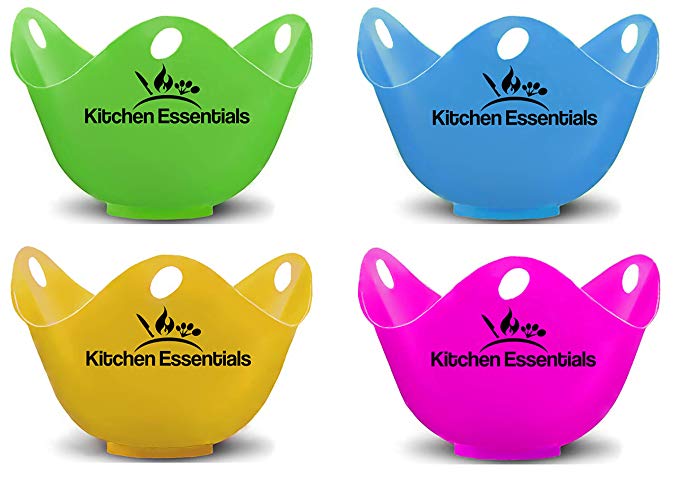 Kitchen Essentials Egg Poacher Cups (4 Pack) With Base Ring for Perfect Poached Eggs – Premium FDA-Approved Food-Grade Silicone Egg Poachers – BPA Free Phthalate-Free Poach Pods, Poached Egg Maker Set