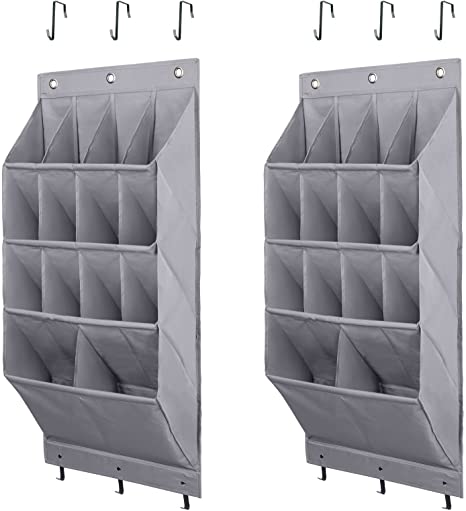 Fentec Over the Door Shoe Organizer, 2 Pack Hanging Shoe Organizer,12 Large Pockets and 2 Larger Storage Various Compartments with 6 Hooks Shoe Storage Rack Organizer for Shoes, Sneakers and Home Accessories, Grey