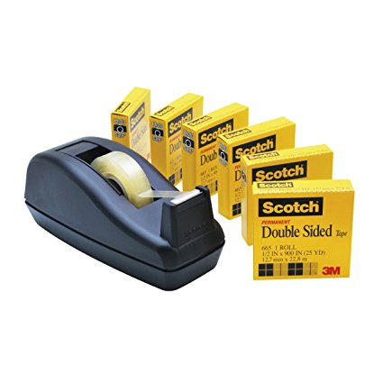 Scotch Double Sided Tape with Deluxe Desktop Tape Dispenser, 1/2 x 900 Inches, 6 Rolls, 1 Dispenser (665-6PKC40)