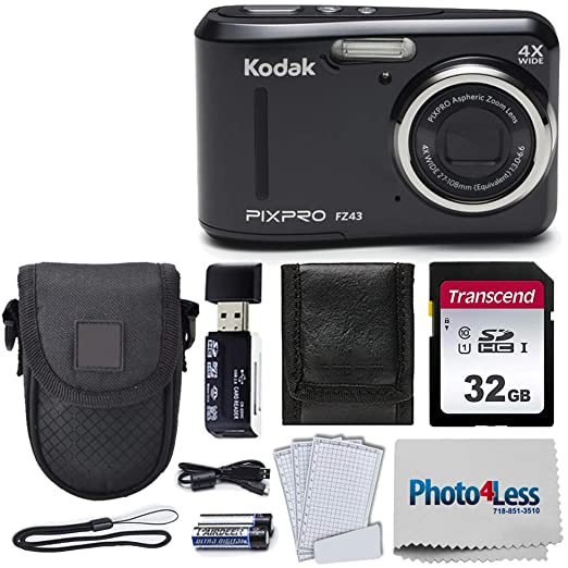 Kodak PIXPRO Friendly Zoom FZ43 16 MP Digital Camera with 4X Optical Zoom and 2.7 LCD Screen (Black)   Black Point & Shoot Case   Transcend 32GB UHS-I U1 SD Memory Card & More!