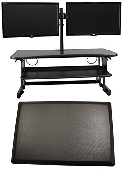 Rocelco DADR Premium Height Adjustable Sit/Stand Desk Computer Riser - Black  with Double Articulated Dual Monitor Desk Mount (DM2) and Medium Energizing Mat (MAFM)