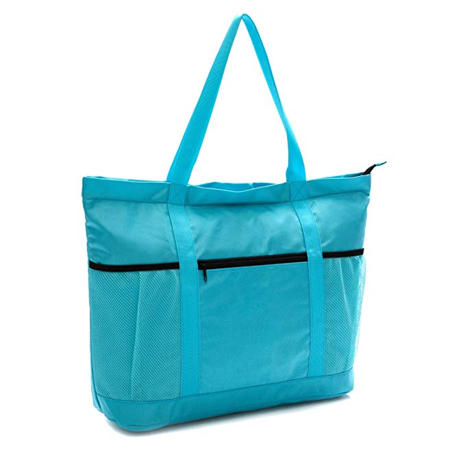 Large Foldable Beach Bag With Zipper - XL Foldable Tote Bag For Travel And Shopping - Large Tote Bag With Many Pockets (Turquoise)