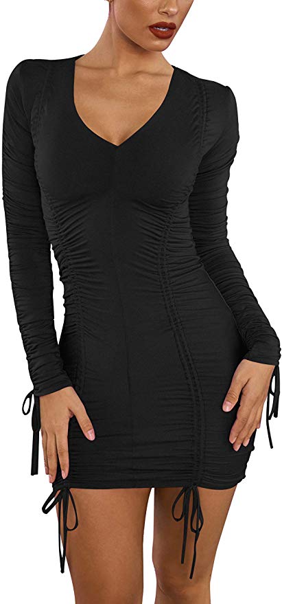 liher Womens Sexy Dress V Neck Long Sleeve Ruched Club Mini Bodycon Dress