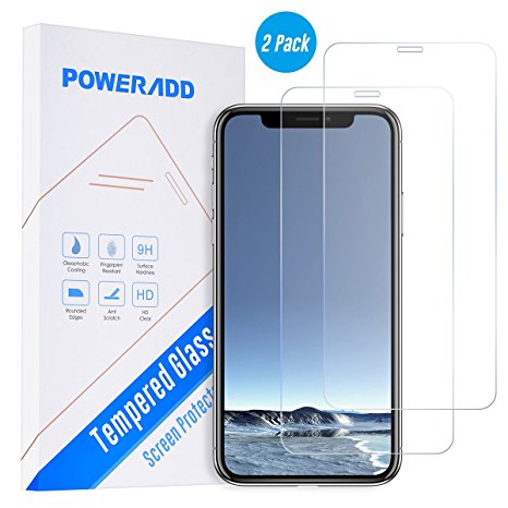 [2-Pack] iPhone X Screen Protector, Poweradd Full Coverage 9H Tempered Glass Screen Protectors Anti-Scratch Easy Installation for Apple iPhone X/10 2017, 5.8 inch Retail Packaging