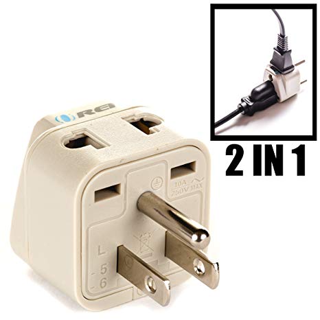OREI Grounded Universal 2 in 1 Plug Adapter Type B for USA, Japan & more - High Quality - CE Certified - RoHS Compliant WP-B-GN