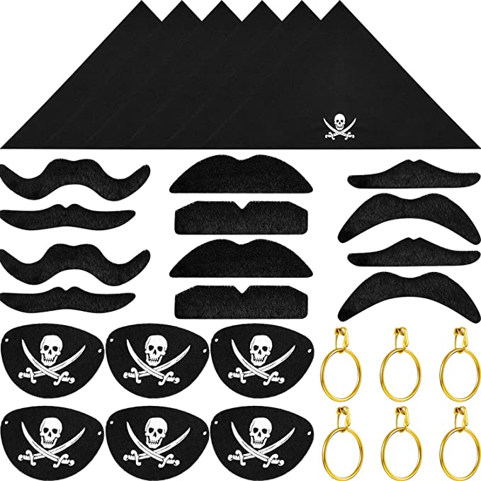 Tatuo 30 Pieces Pirate Captain Eye Patches, Pirate Bandana, Pirate Gold Earrings, Pirate Fake Mustache for Halloween and Pirate Party Costume Prop