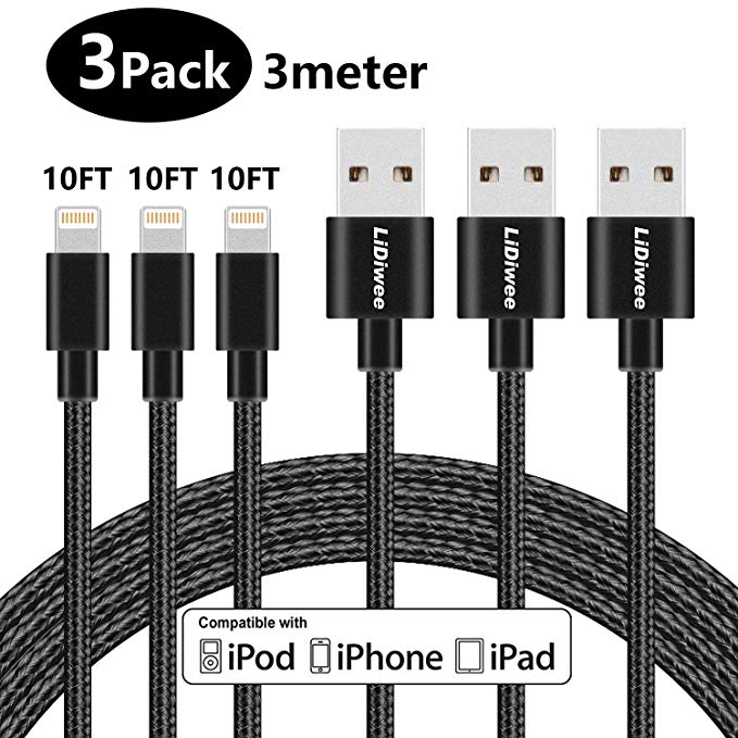 LINKPIN Nylon Braided Lightning Charging Cable for iPhone iPad iPod Ultra-High Lifespan (10ft, 3-Pack, Black)