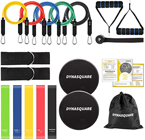 DYNASQUARE 19 Pack Resistance Bands Set, Stretch Training Set with 5 Resistance Tubes, 5 Exercise Resistance Loop Bands, Foam Handles, 2 Core Sliders, Door Anchor, Ankle Straps and Carry Bag