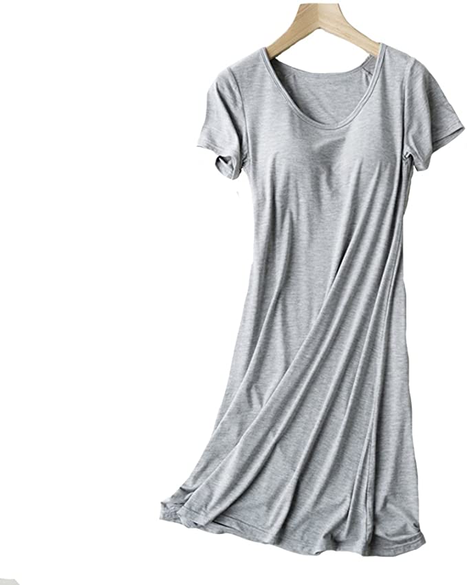 THUNDERSTAR Women's Modal Built in Bra Padded Nightgown Sleepwear Short Sleeves Shirt Sleepdress