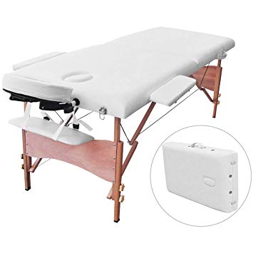 Giantex Massage Table Portable SPA Bed Facial Beauty, 84"L 2 Fold 34 Wide Face Cradle Arms Adjustable Wood Padded Comfortable Waterproof Oil Resistant, Massaging Tattoo Spa Beds w/Carry Case (White)