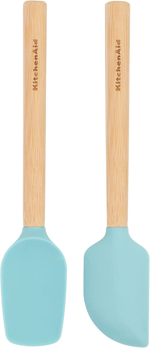 KitchenAid Bamboo Wood Handled Mini Spatula Set with Silicone Head, Set Of 2, Aqua Sky