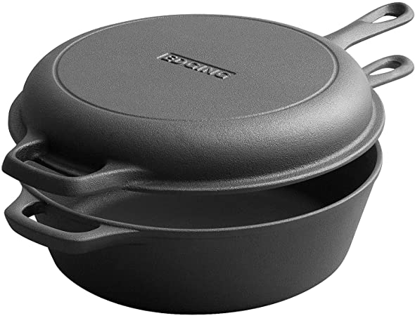 Cast Iron Skillet, Pre Seasoned 2-In-1 Cast Iron Pan, 12 Inch Black Cast Iron Dutch Oven With Lid, Deep Frying Pan for Kitchen/ Indoor/Outdoor/Camping