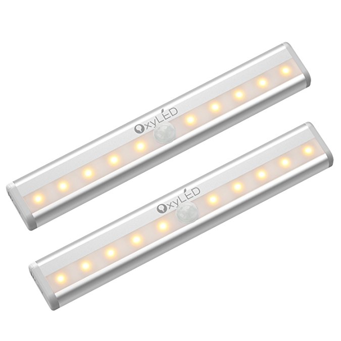 OxyLED Motion Sensor Lights, Cordless Closet Light Under Cabinet Lightening, Stick-on Wireless Wardrobe Light, Battery Operated 10 LED Night Light Bar, Safe Lights for Stairs, Bed, 2 Pack, Warm Light