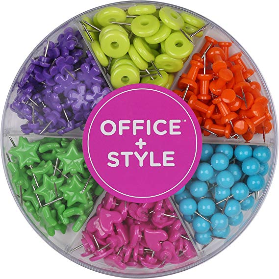 Office Style Decorative Multi-Colored Shaped Push Pins for Home & Office, Six Colors for Different Projects in Reusable Organizing Container, 280 pieces, By Office   Style