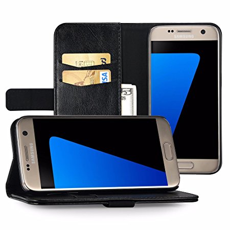 EasyAcc Samsung Galaxy S7 Leather Wallet Case Protector Flip Cover with Kickstand Card Holder Black PU Leather