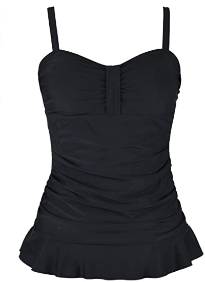 Hilor Women's 50's Retro Ruched Tankini Swimsuit Top with Ruffle Hem