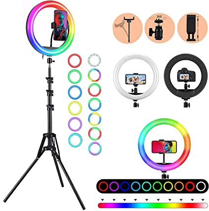AYL Ring Light RGB - LED 12 inch RGB Ring Light with Tripod Stand & Phone Holder for Live Streaming & YouTube Video, Dimmable Desk Makeup Ring Light 12 Inches
