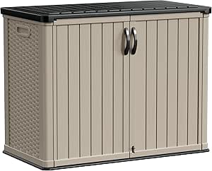 Greesum Outdoor Storage Deck Box Cabinet 150 Gallon, Horizontal Resin Storaged Shed, Pad-Lockable, Waterproof and UV Protection for Garden, Garage, Lawn, Without Shelf, Beige