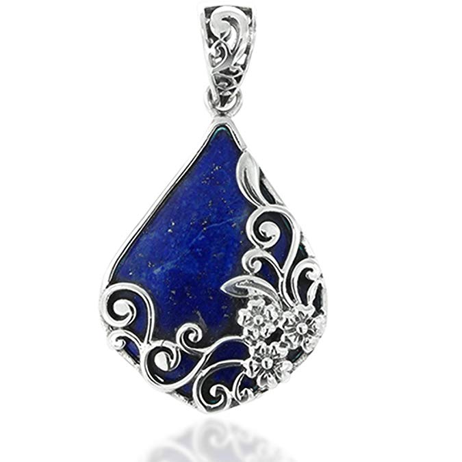 Chuvora 925 Oxidized Sterling Silver Decorative Blue Lapis Gemstone Triangle Tear Drop Pendant