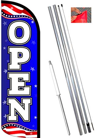 Open (Patriotic) Windless Feather Flag Bundle (11.5' Tall Flag, 15' Tall Flagpole, Ground Mount Stake)