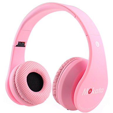Mokata Kids Headphone Bluetooth Wireless Over Ear Foldable Stereo Sound Headset with AUX 3.5mm Jack Cord SD Card Slot , Built-in Mic Microphone For Boys Girls Cellphone TV PC Game Equipment B01 Pink