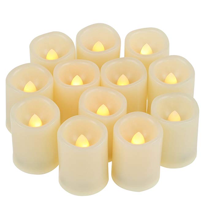 12 Battery Operated Flameless LED Votive Candles with Timer Realistic Flickering Electric Tea Lights Set Bulk Baptism Wedding Party Decoration Kitchen Home Decor Table Centerpieces Batteries Included