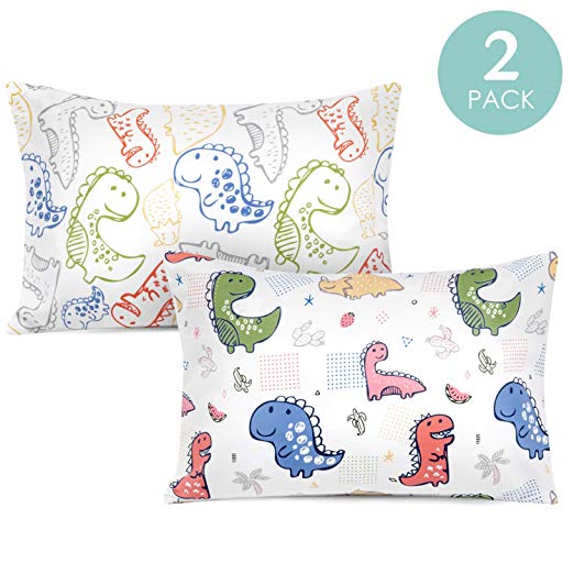 TILLYOU Toddler Travel Pillowcases Set of 2, 14x20- Fits Pillows Sized 12x16, 13x18 or 14x19, 100% Silky Soft Microfiber, Envelope Closure Machine Washable Kids Pillow Cases Dinosoaur