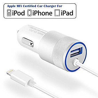 iPhone Car Charger, [Apple MFI Certified] Eleckey 4.8A Apple Car Charger   3.3ft Apple MFi Certified Lightning Cable for for iPhone 6S / 6S Plus, 6, 6 Plus, 5, 5S, iPad Air 2, Mini 3 (Silver)