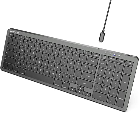 Universal Bluetooth Keyboard JACKYLED Ultra Slim Wireless Keyboard Full Size Design with Number Pad USB Rechargeable Compatible for iOS Android Windows and macOS Gray