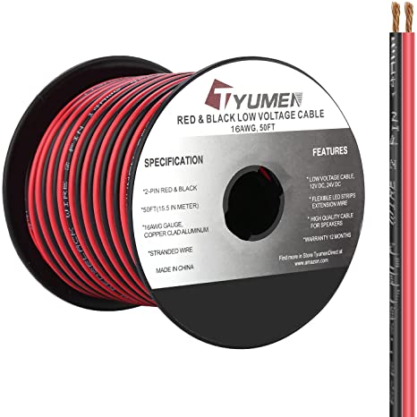TYUMEN 50FT 16/2 Gauge Red Black Cable Hookup Electrical Wire LED Strips Extension Wire 12V/24V DC Cable, 16AWG Flexible Wire Extension Cord for LED Ribbon Lamp Tape Lighting
