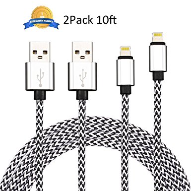 NEXCABLE 2Pack Extra Long 10FT 8 Pin Lightning to USB Charger Sync & Charging Cable Cord Compatible with iPhone 7/7 Plus/6s/6s Plus/6/6 Plus/5s/5c/5/SE, iPad/iPod (Space White)